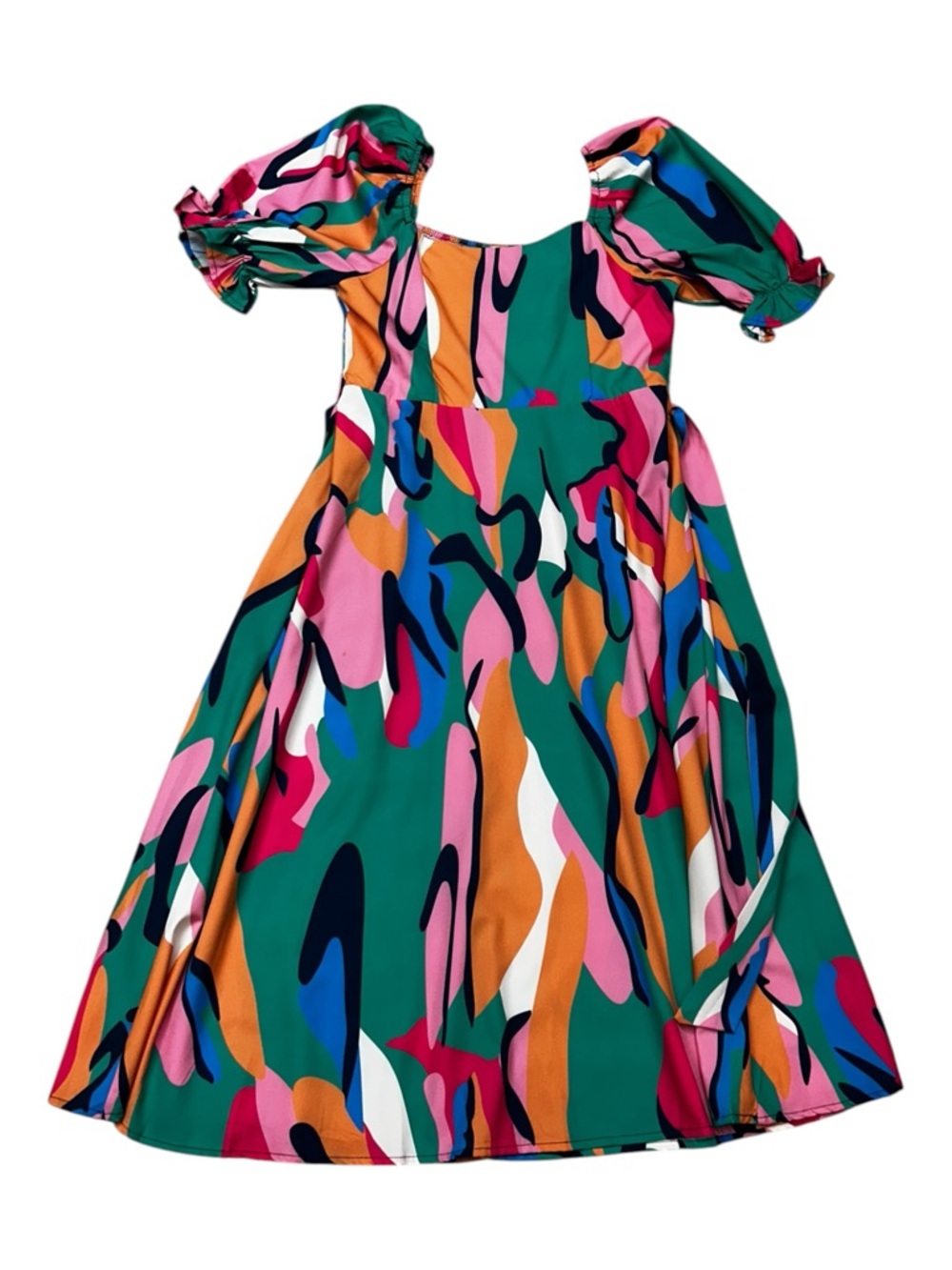 Sunday Up Multicolor Abstract Midi Dress Size Large Puff Sleeve Summer Tea Dress - Picture 15 of 15